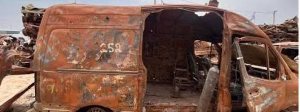 The burned remains of the ambulance after the Nova festival attack